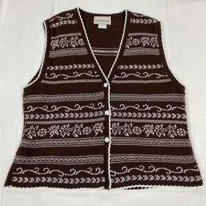 Donnkenny Classics Brown Knit Sweater Vest Floral Embroidery V-Neck Vintage L
